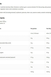OstroVit Coconut Flavoured Sauce nutritional facts table, 350 g serving size details and ingredients list.